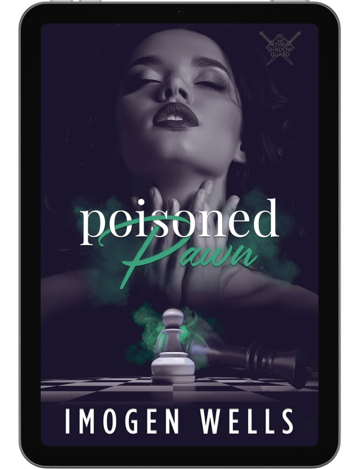 Book cover for Poisoned Pawn by Imogen Wells displayed on a tablet/e-reader.