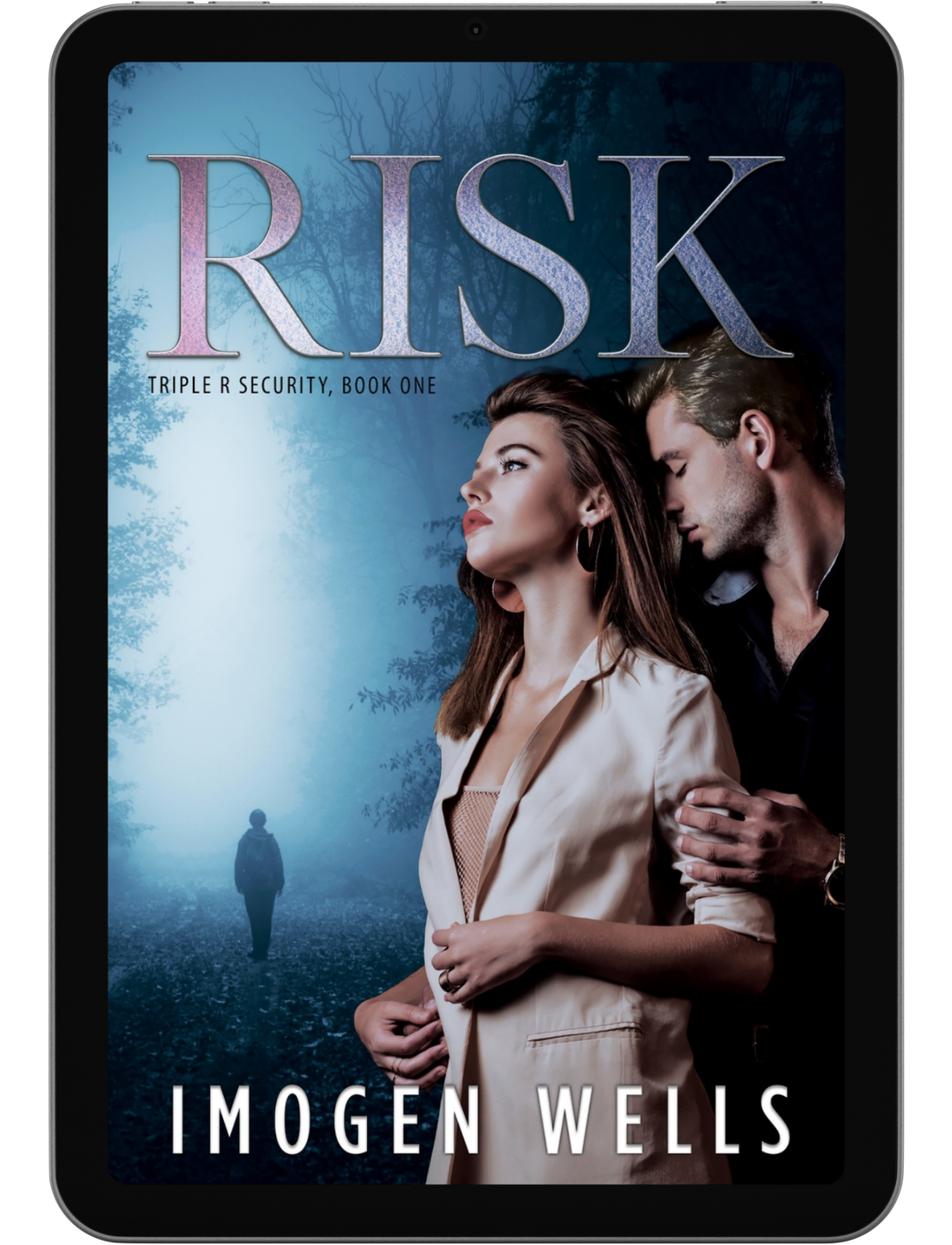 Book cover of Risk by Imogen Wells displayed on a tablet/e-reader.