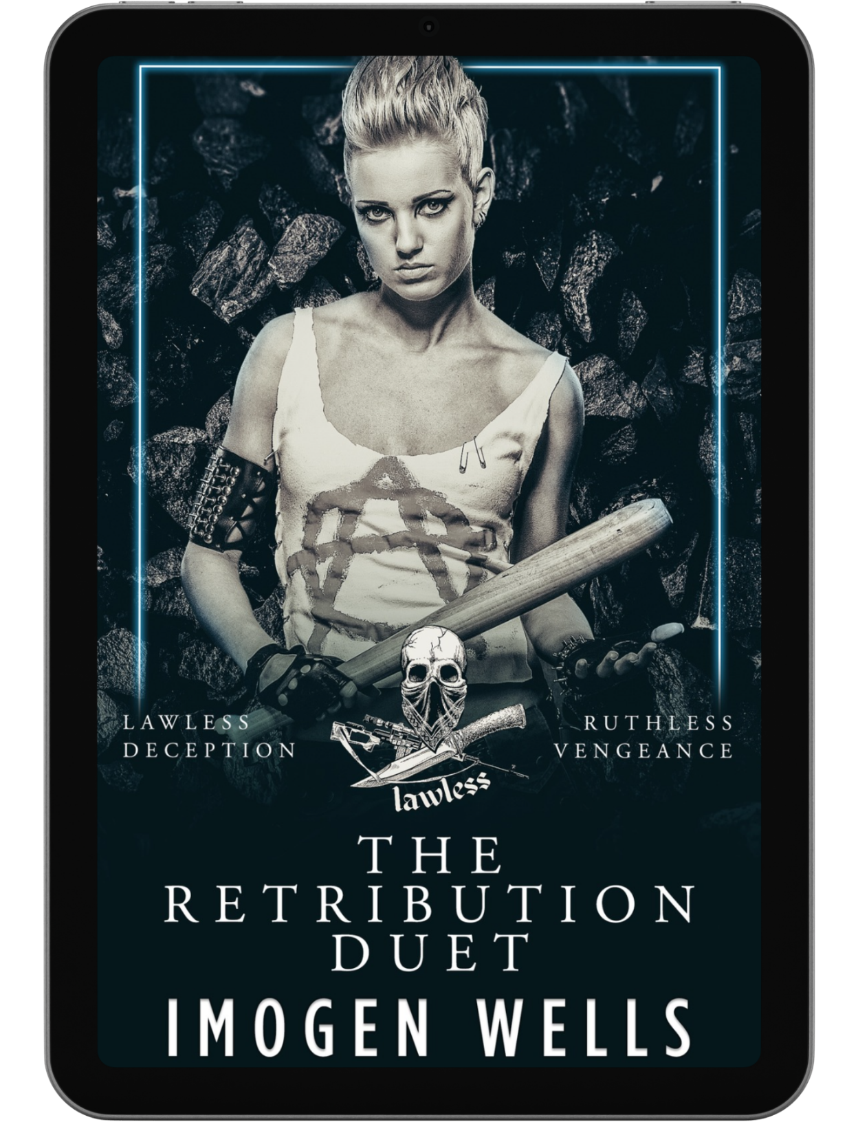 Book cover for The Retribution Duet boxset by Imogen Wells displayed on a tablet/e-reader.