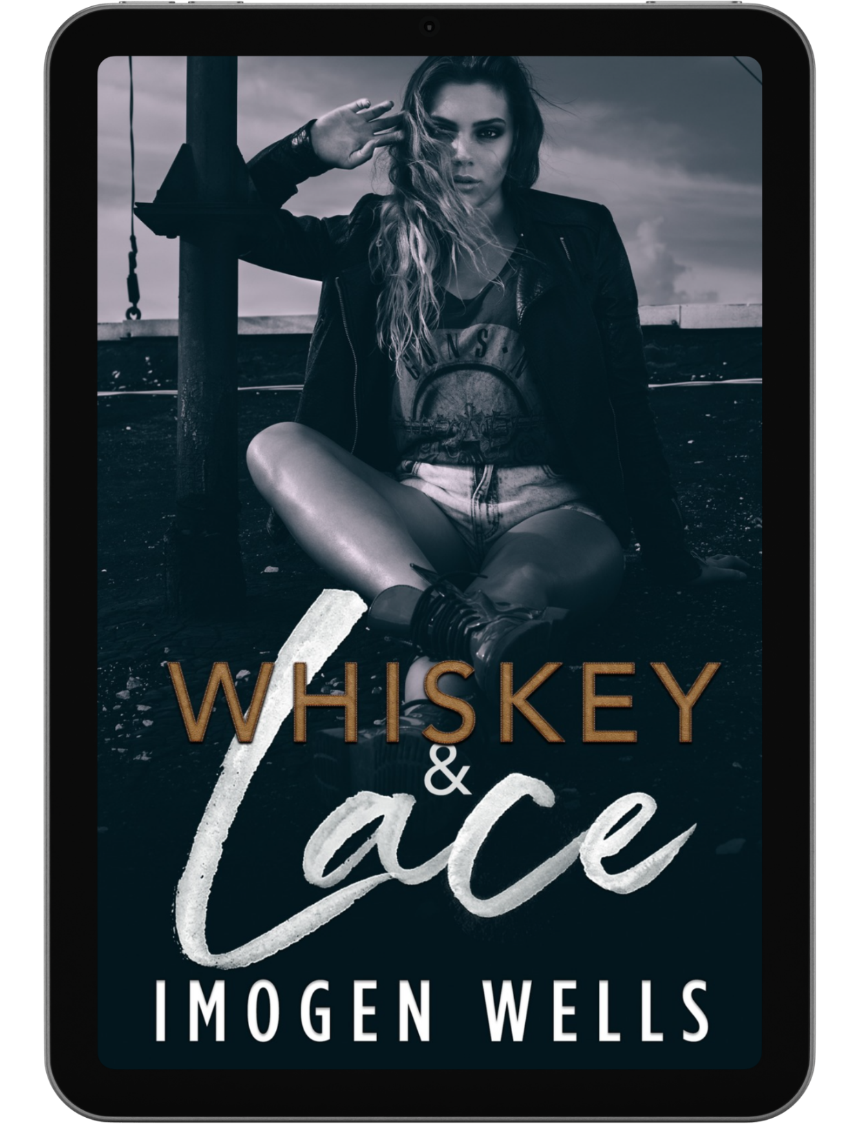 Book cover for Whiskey & Lace by Imogen Wells displayed on a tablet/e-reader.